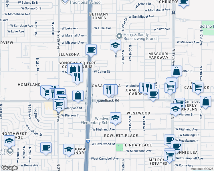 map of restaurants, bars, coffee shops, grocery stores, and more near 5103 North 24th Avenue in Phoenix