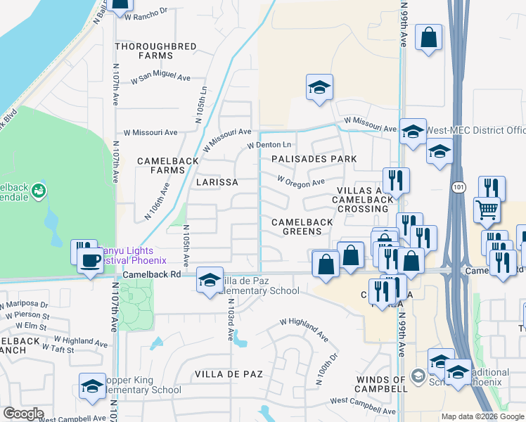 map of restaurants, bars, coffee shops, grocery stores, and more near 10264 W Medlock Dr in Glendale