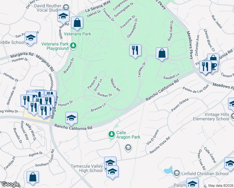 map of restaurants, bars, coffee shops, grocery stores, and more near 31138 Bunker Drive in Temecula