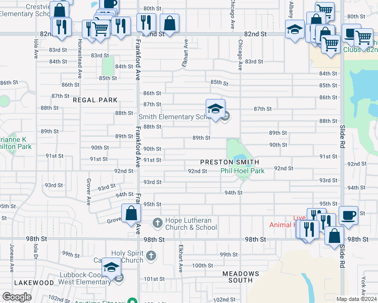 map of restaurants, bars, coffee shops, grocery stores, and more near 5529 90th Street in Lubbock