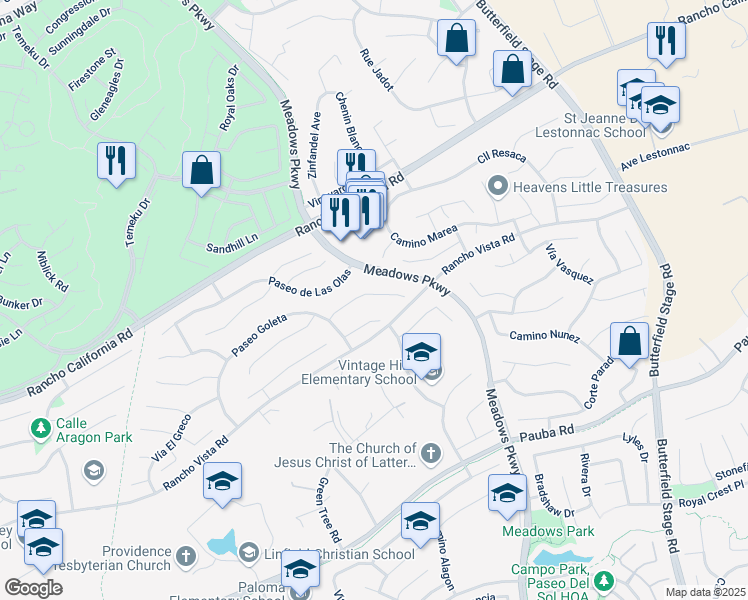 map of restaurants, bars, coffee shops, grocery stores, and more near 31919 Corte Positas in Temecula