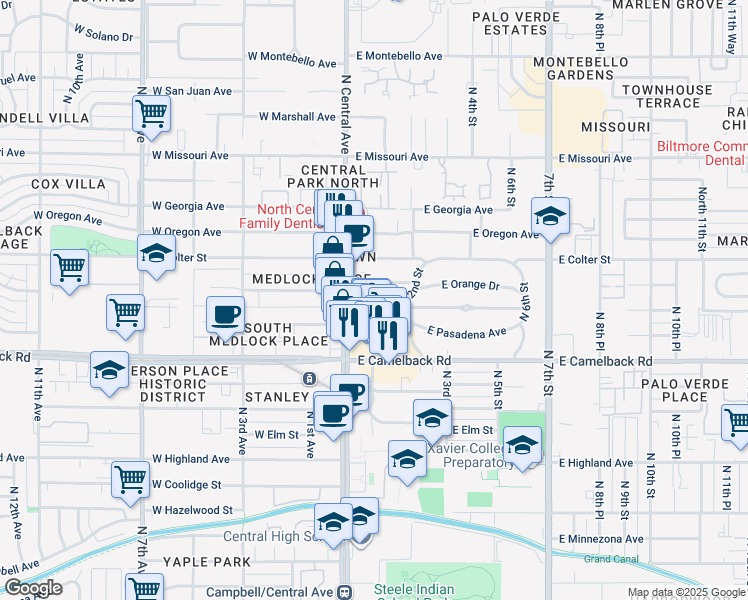 map of restaurants, bars, coffee shops, grocery stores, and more near 28 East Medlock Drive in Phoenix