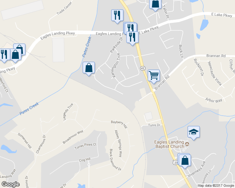 map of restaurants, bars, coffee shops, grocery stores, and more near 179 Parkside Drive in Stockbridge