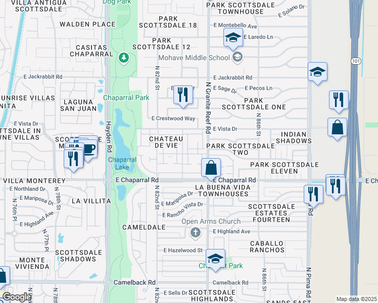 map of restaurants, bars, coffee shops, grocery stores, and more near 8304 East Orange Blossom Lane in Scottsdale