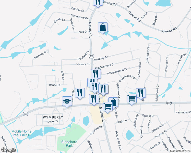 map of restaurants, bars, coffee shops, grocery stores, and more near 132 North Belair Road in Evans