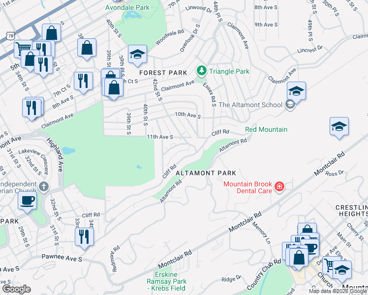map of restaurants, bars, coffee shops, grocery stores, and more near 4141 Crescent Road in Birmingham