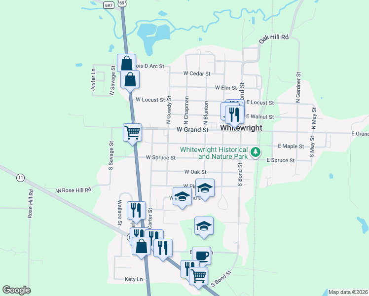 map of restaurants, bars, coffee shops, grocery stores, and more near 401 West Maple Street in Whitewright