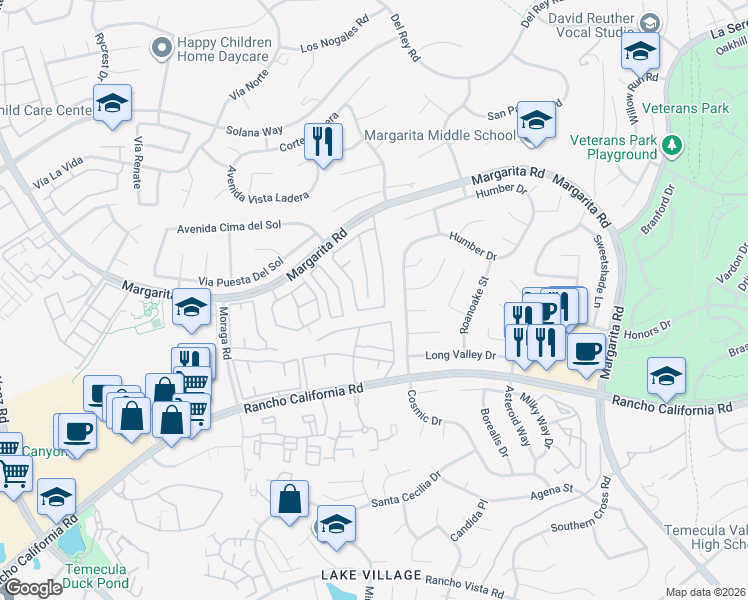 map of restaurants, bars, coffee shops, grocery stores, and more near 42174 Acacia Way in Temecula