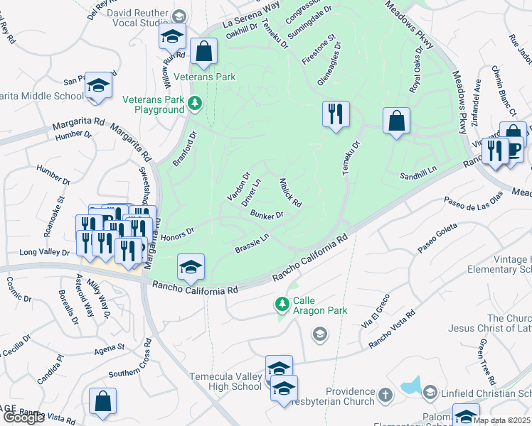 map of restaurants, bars, coffee shops, grocery stores, and more near 31062 Bunker Drive in Temecula
