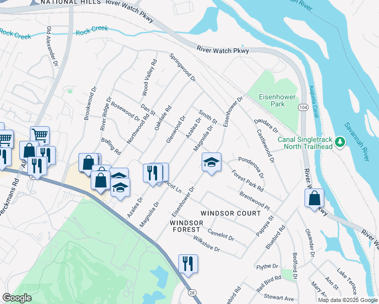 map of restaurants, bars, coffee shops, grocery stores, and more near 1127 Magnolia Drive in Augusta