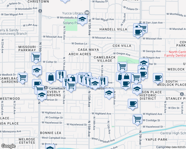 map of restaurants, bars, coffee shops, grocery stores, and more near 1415 West Medlock Drive in Phoenix