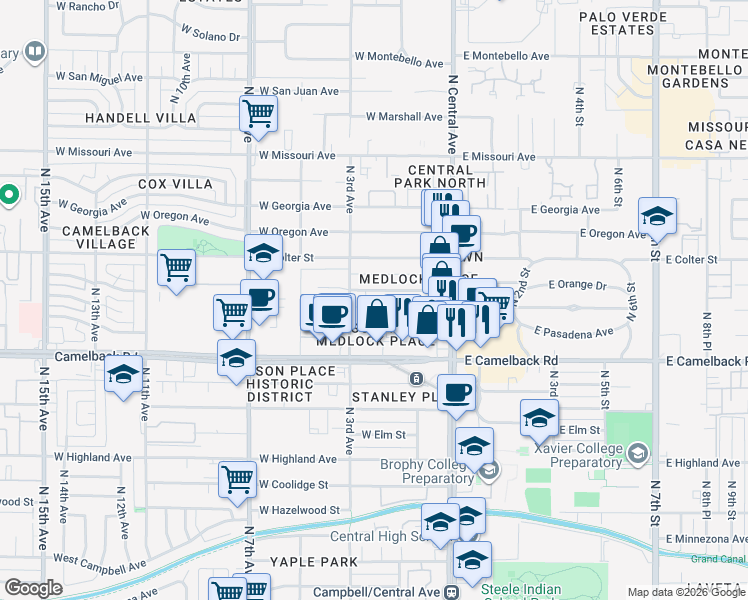 map of restaurants, bars, coffee shops, grocery stores, and more near 37 West Medlock Drive in Phoenix