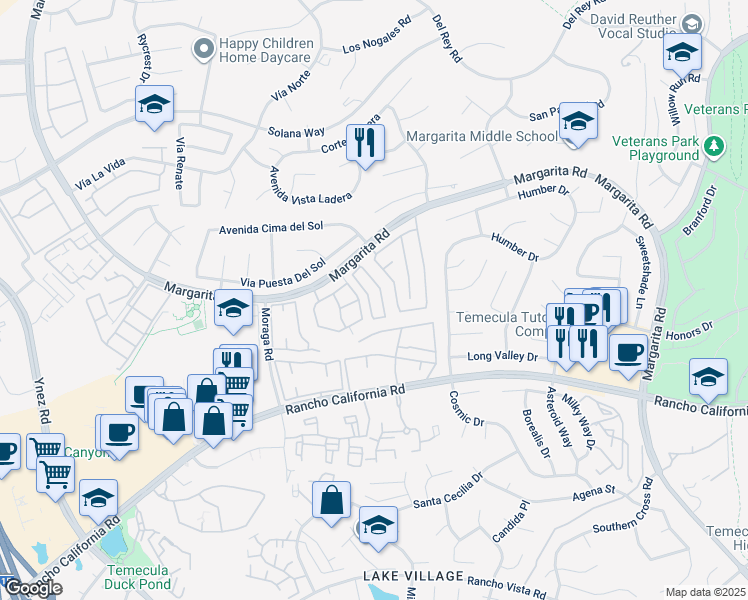 map of restaurants, bars, coffee shops, grocery stores, and more near 42124 Veneto Drive in Temecula
