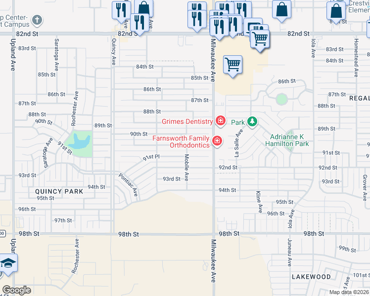 map of restaurants, bars, coffee shops, grocery stores, and more near 6527 91st Street in Lubbock