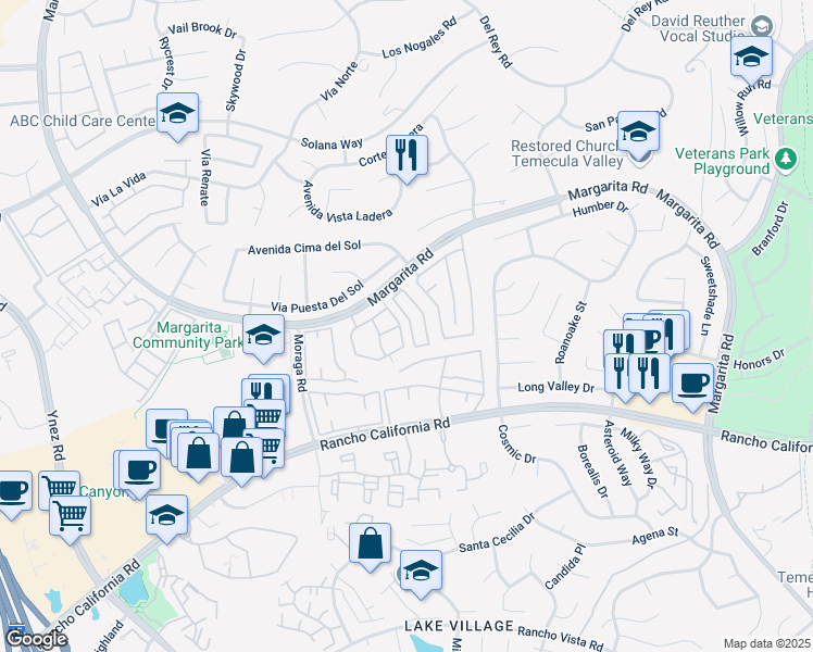 map of restaurants, bars, coffee shops, grocery stores, and more near 42112 Veneto Drive in Temecula