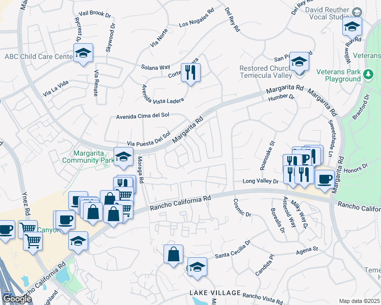 map of restaurants, bars, coffee shops, grocery stores, and more near 42122 Veneto Drive in Temecula