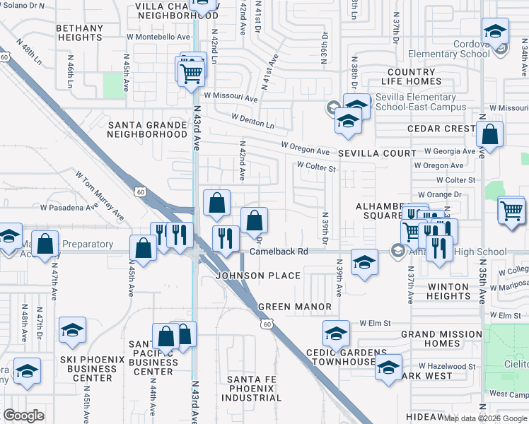 map of restaurants, bars, coffee shops, grocery stores, and more near 4101 West Wonderview Road in Phoenix