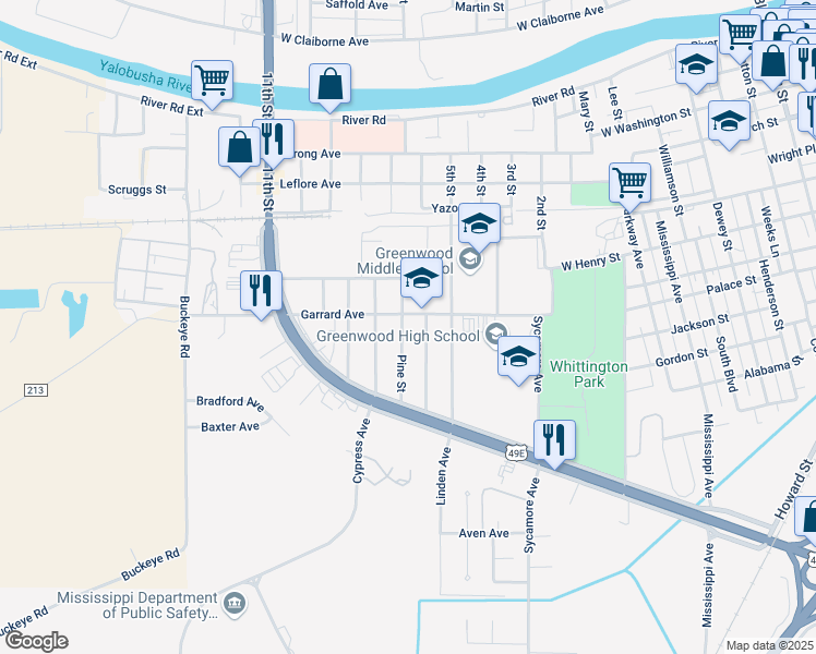 map of restaurants, bars, coffee shops, grocery stores, and more near 603 Pine Street in Greenwood