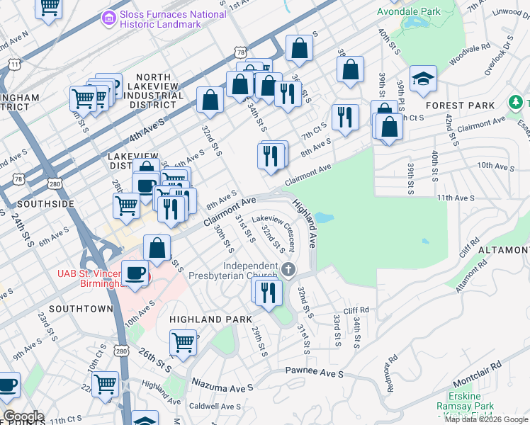 map of restaurants, bars, coffee shops, grocery stores, and more near 1033 Lakeview Crescent in Birmingham