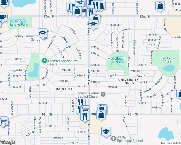map of restaurants, bars, coffee shops, grocery stores, and more near 3309 91st Street in Lubbock