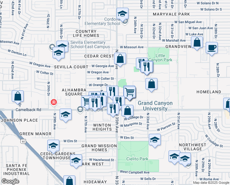 map of restaurants, bars, coffee shops, grocery stores, and more near 5052 North 35th Avenue in Phoenix
