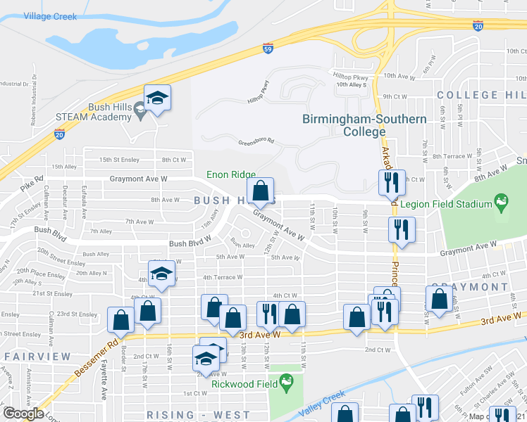 map of restaurants, bars, coffee shops, grocery stores, and more near 1224 Graymont Avenue West in Birmingham