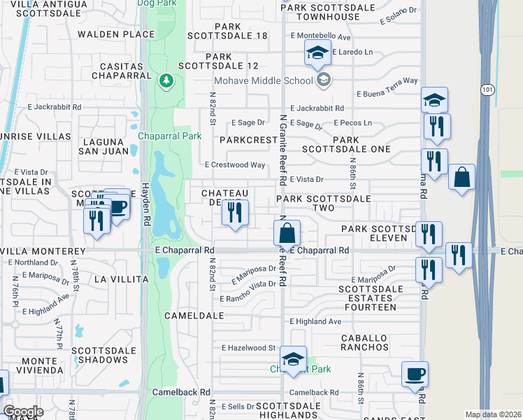 map of restaurants, bars, coffee shops, grocery stores, and more near 8312 East Orange Blossom Lane in Scottsdale