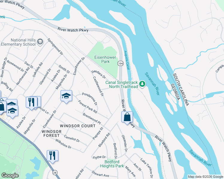 map of restaurants, bars, coffee shops, grocery stores, and more near 2442 Riverlook Drive in Augusta