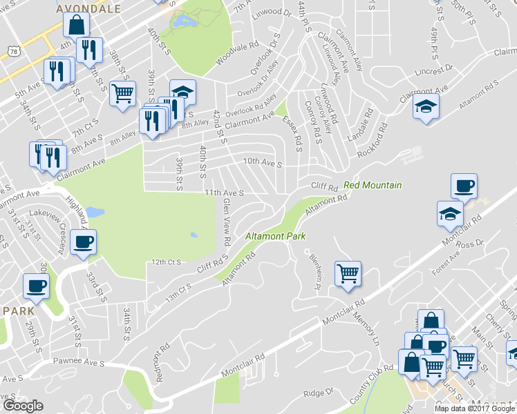 map of restaurants, bars, coffee shops, grocery stores, and more near 4141 Crescent Road in Birmingham