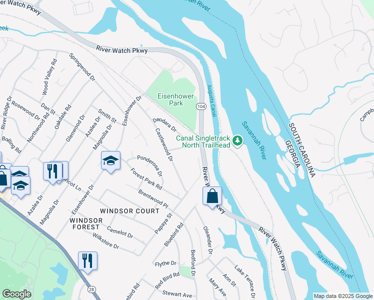 map of restaurants, bars, coffee shops, grocery stores, and more near 2448 Riverlook Drive in Augusta