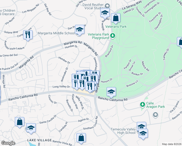 map of restaurants, bars, coffee shops, grocery stores, and more near 42140 Teatree Court in Temecula