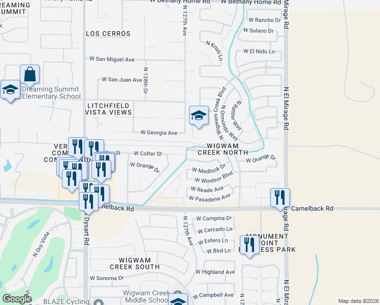 map of restaurants, bars, coffee shops, grocery stores, and more near 12645 West Colter Street in Litchfield Park