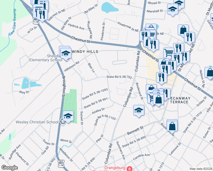 map of restaurants, bars, coffee shops, grocery stores, and more near 1723 State Road S-38-900 in Orangeburg