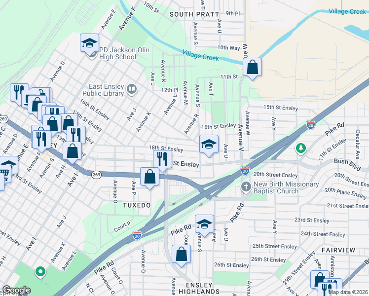 map of restaurants, bars, coffee shops, grocery stores, and more near 1846 18th Street Ensley in Birmingham