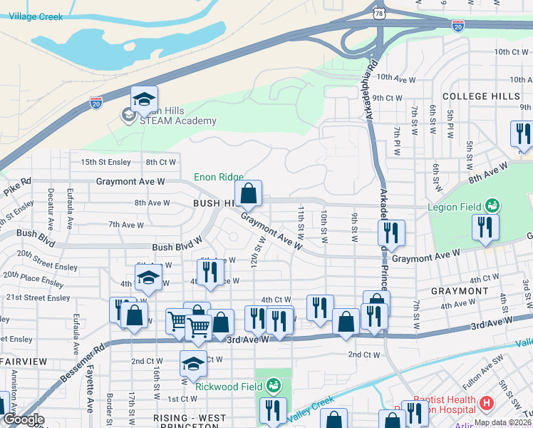 map of restaurants, bars, coffee shops, grocery stores, and more near 1136 7th Avenue West in Birmingham