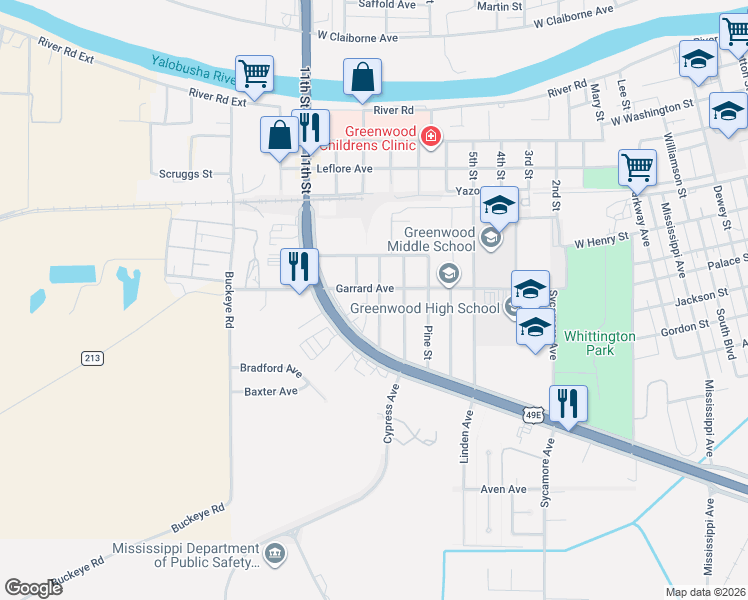 map of restaurants, bars, coffee shops, grocery stores, and more near 602 Cedar Street in Greenwood