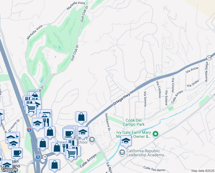 map of restaurants, bars, coffee shops, grocery stores, and more near 49 Avenida Victoria in San Juan Capistrano