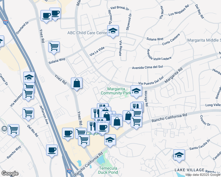 map of restaurants, bars, coffee shops, grocery stores, and more near 42211 Stonewood Road in Temecula