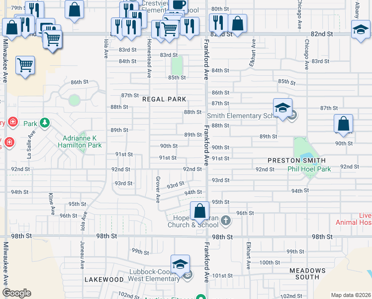 map of restaurants, bars, coffee shops, grocery stores, and more near 5815 90th Street in Lubbock