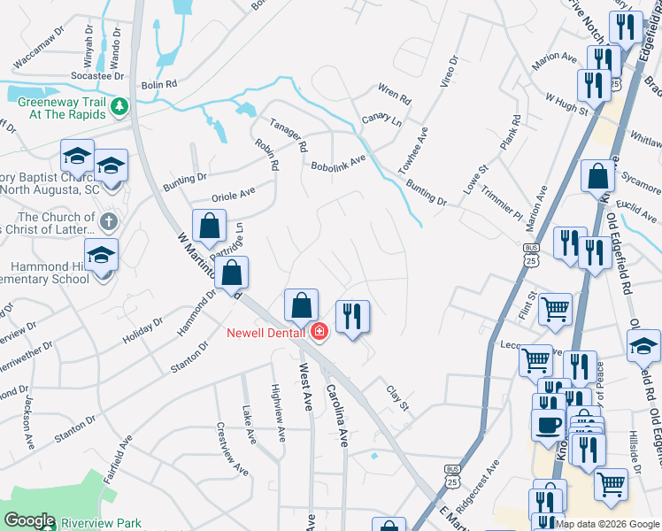 map of restaurants, bars, coffee shops, grocery stores, and more near 26 Summit Commons Court in North Augusta
