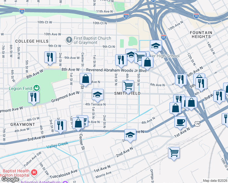map of restaurants, bars, coffee shops, grocery stores, and more near 220 Graymont Avenue North in Birmingham