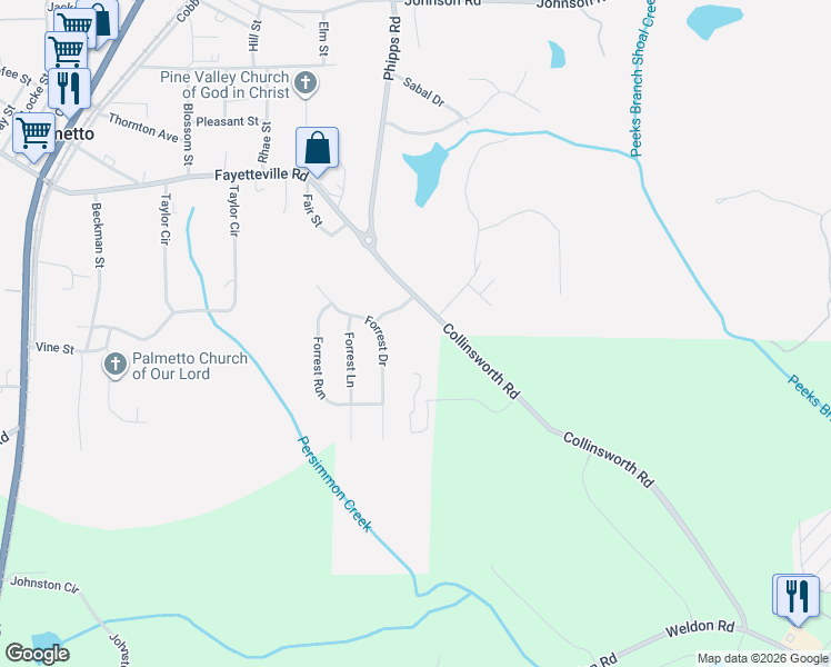 map of restaurants, bars, coffee shops, grocery stores, and more near 445 Collinsworth Road in Palmetto