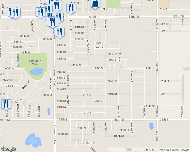 map of restaurants, bars, coffee shops, grocery stores, and more near 2120 92nd Street in Lubbock