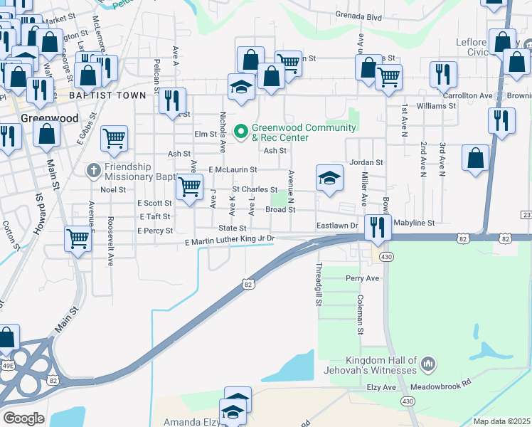 map of restaurants, bars, coffee shops, grocery stores, and more near 720 Broad Street in Greenwood