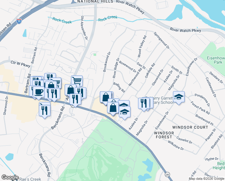 map of restaurants, bars, coffee shops, grocery stores, and more near 1024 River Ridge Drive in Augusta