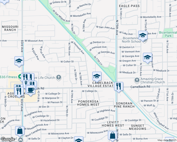 map of restaurants, bars, coffee shops, grocery stores, and more near 5127 North 77th Drive in Glendale