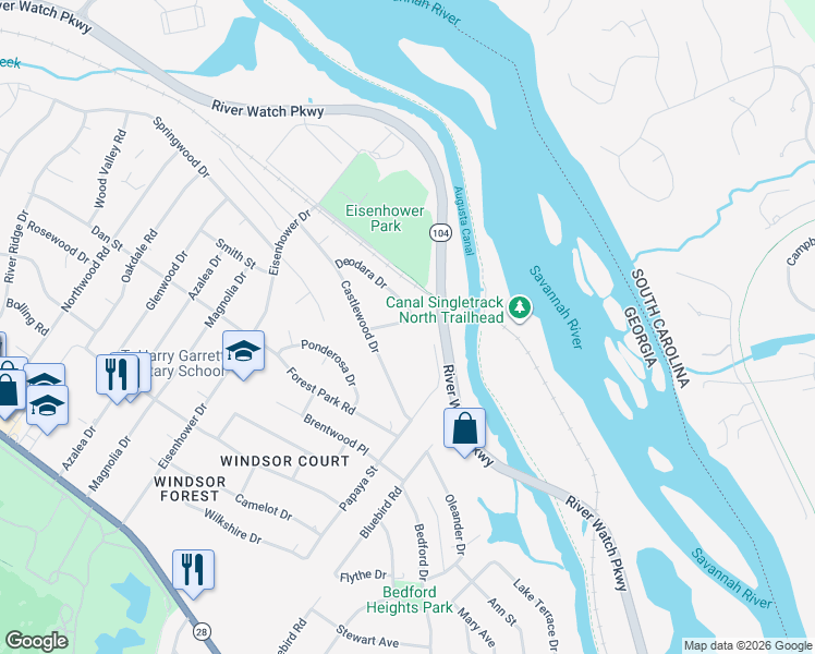 map of restaurants, bars, coffee shops, grocery stores, and more near 2442 Riverlook Drive in Augusta