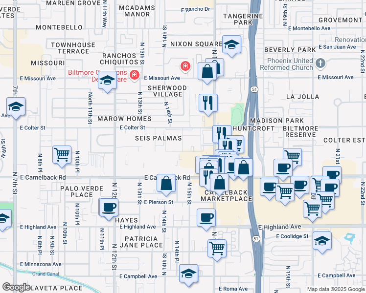 map of restaurants, bars, coffee shops, grocery stores, and more near 5131 North 15th Street in Phoenix