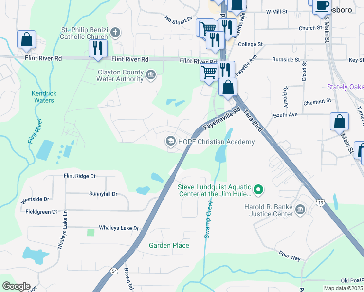 map of restaurants, bars, coffee shops, grocery stores, and more near 8943 Fayetteville Road in Jonesboro