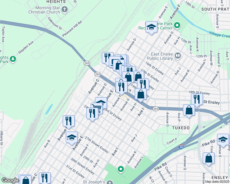 map of restaurants, bars, coffee shops, grocery stores, and more near 2015 Avenue East in Birmingham